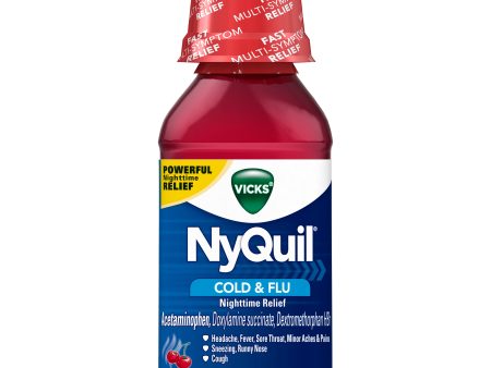 Vicks NyQuil Cold & Flu Nighttime Relief, Cherry Flavor Liquid, 8 fl oz (Pack of 1) For Sale