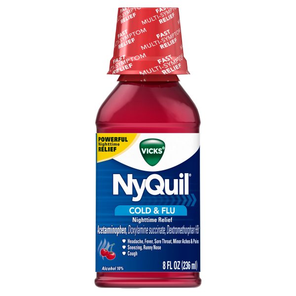 Vicks NyQuil Cold & Flu Nighttime Relief, Cherry Flavor Liquid, 8 fl oz (Pack of 1) For Sale