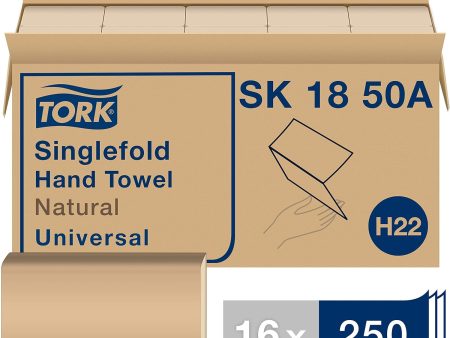 Tork Singlefold Paper Hand Towel Natural H22, Universal, 100% Recycled Fibers, 16 x 250 Sheets, SK1850A Supply