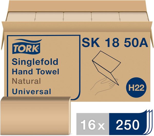 Tork Singlefold Paper Hand Towel Natural H22, Universal, 100% Recycled Fibers, 16 x 250 Sheets, SK1850A Supply