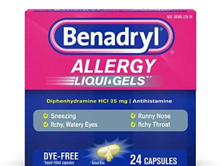 Benadryl Liqui-Gels Antihistamine Allergy & Cold Relief, Dye-Free Formula, 24 Capsules (Pack of 1) Supply