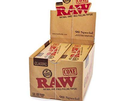 RAW Cones Classic 98s Size | 12 Packs | Natural Pre Rolled Rolling Paper with Tips | 20 Cones per Pack Supply